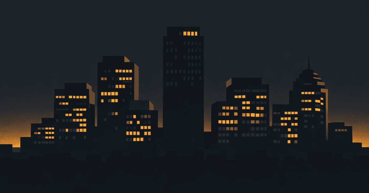 A dark city skyline with corporate office buildings, some with amber warning lights flickering and windows going dark floor by floor — industries bracing for 2026 layoffs