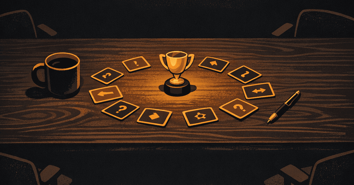 Office chairs arranged in a circle around a break room table with prediction cards and a golden trophy in the center — a non-sports office pool in session