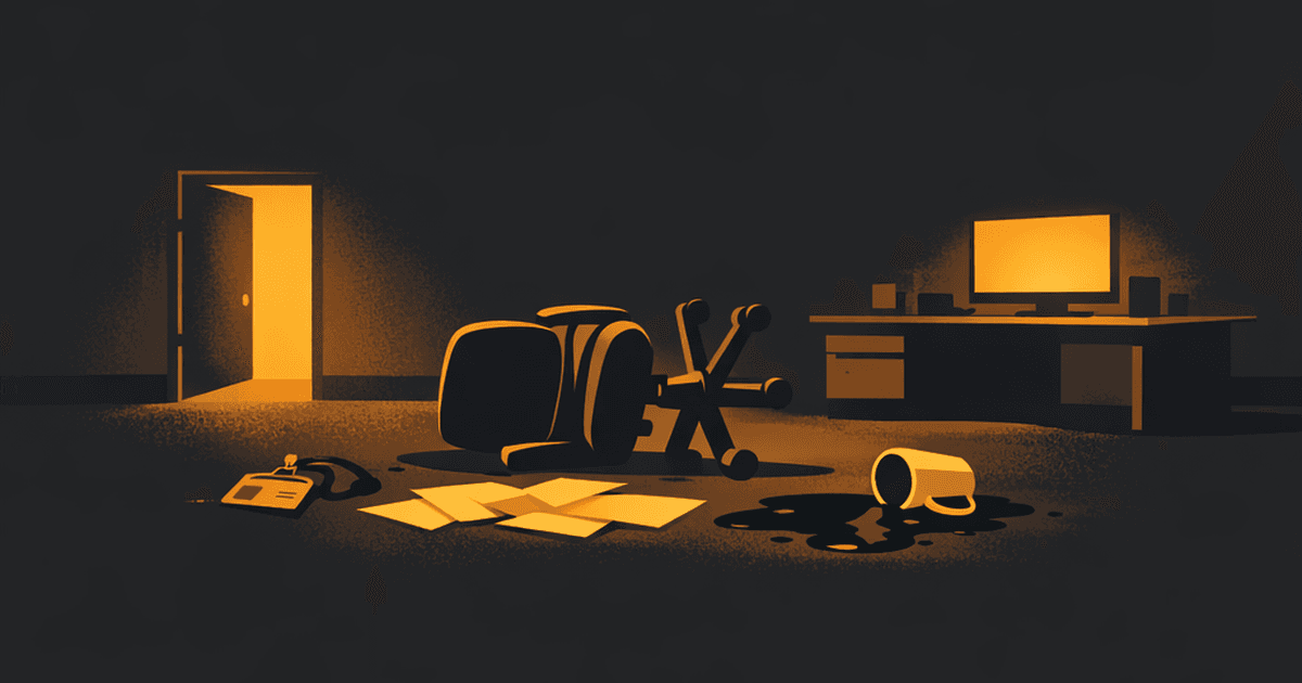 An overturned office chair and scattered supplies on a dark floor, with an employee badge catching amber light — the aftermath of a revenge quit