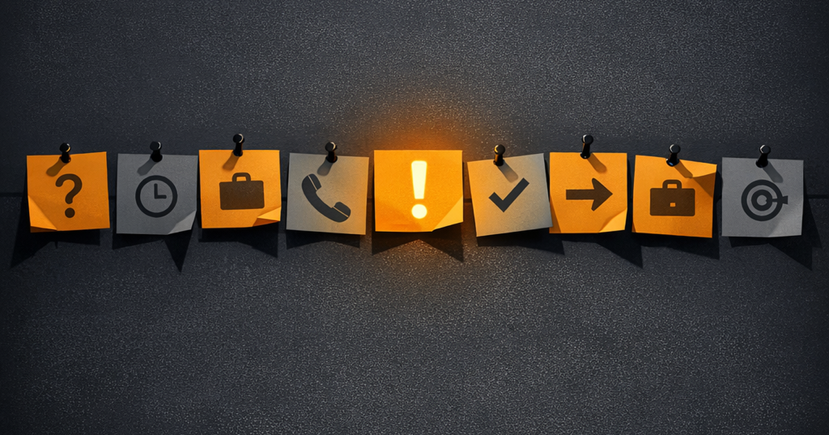 Twelve sticky notes on a dark office wall with amber pin-lights, some peeling away and curling at the edges — each one a clue someone is about to leave